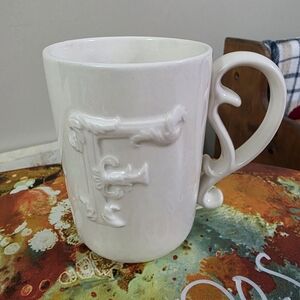 Mud Pie White Ceramic Mug with Ornate Handle "F"